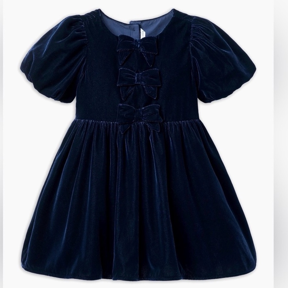 NWT Janie And Jack Girls Puff Sleeve Bow Velvet blue Dress Size 3T